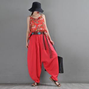 Summer Beach Plus Size Linen Pants Comfy Red Yoga Pants