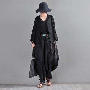 Gipsy Women Black Linen Pants Loose Folk Drop Crotch Pants