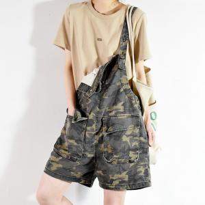 Front Flap Pockets Camo Rompers Summer Denim Playsuit