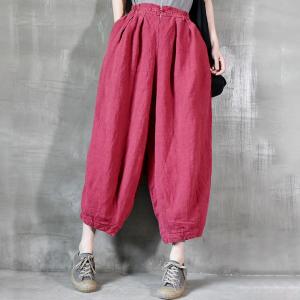 Chinese Buttons Linen Carrot Pants Loose Plain Cruise Wear
