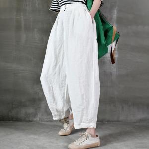 Chinese Buttons Linen Carrot Pants Loose Plain Cruise Wear