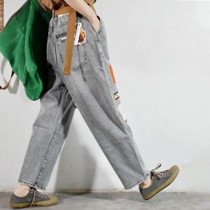 Fashion Patchwork Gray Ripped Jeans Womens Baggy Straight Leg Jeans