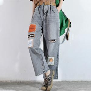 Fashion Patchwork Gray Ripped Jeans Womens Baggy Straight Leg Jeans