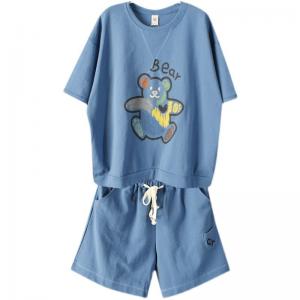 Casual Style Bear Oversized Sweatshirt with Cotton Wide Leg Shorts