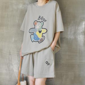 Casual Style Bear Oversized Sweatshirt with Cotton Wide Leg Shorts