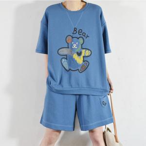 Casual Style Bear Oversized Sweatshirt with Cotton Wide Leg Shorts