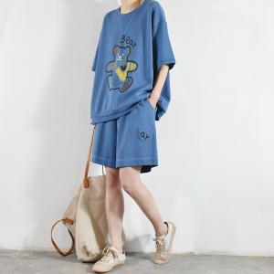 Casual Style Bear Oversized Sweatshirt with Cotton Wide Leg Shorts