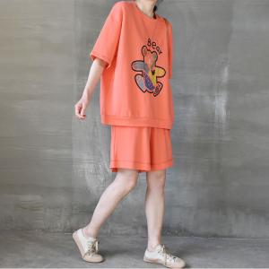Casual Style Bear Oversized Sweatshirt with Cotton Wide Leg Shorts