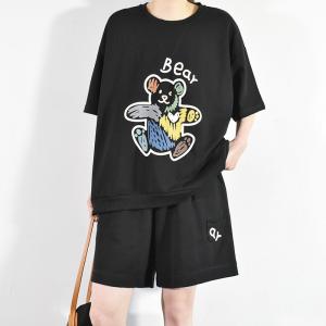 Casual Style Bear Oversized Sweatshirt with Cotton Wide Leg Shorts