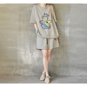 Casual Style Bear Oversized Sweatshirt with Cotton Wide Leg Shorts