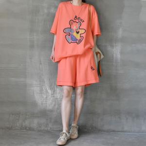 Casual Style Bear Oversized Sweatshirt with Cotton Wide Leg Shorts