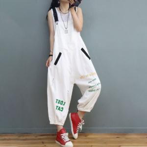 Korean Style Letter Dungarees Plus Size Ripped Overalls for Women