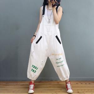 Korean Style Letter Dungarees Plus Size Ripped Overalls for Women