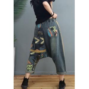 Fashion Patchwork Low Crotch Jeans Printed Harem Cropped Jeans