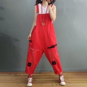 Patchwork Straight Legs Salopette Ripped Casual Overalls