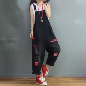 Patchwork Straight Legs Salopette Ripped Casual Overalls