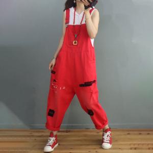 Patchwork Straight Legs Salopette Ripped Casual Overalls