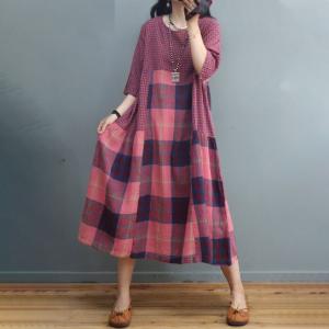 Preppy Style Cotton Linen Shift Dress Loose Tartan Check Dress