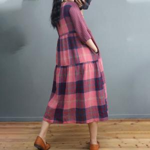 Preppy Style Cotton Linen Shift Dress Loose Tartan Check Dress