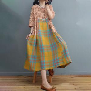 Preppy Style Cotton Linen Shift Dress Loose Tartan Check Dress