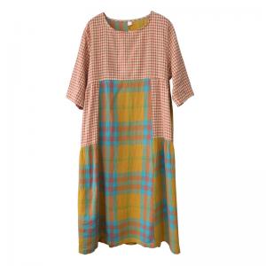 Preppy Style Cotton Linen Shift Dress Loose Tartan Check Dress