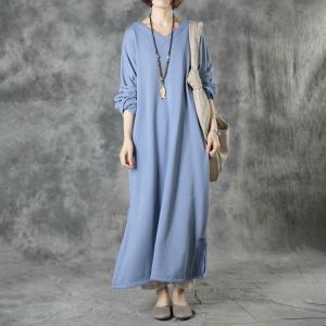 Side Slit V-Neck Long Caftan Embroidery Sleeves Cotton Islamic Dress