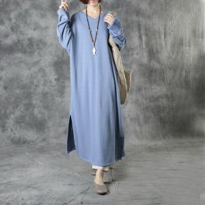 Side Slit V-Neck Long Caftan Embroidery Sleeves Cotton Islamic Dress