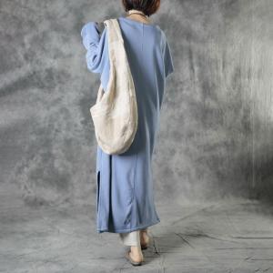 Side Slit V-Neck Long Caftan Embroidery Sleeves Cotton Islamic Dress