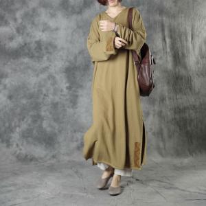 Side Slit V-Neck Long Caftan Embroidery Sleeves Cotton Islamic Dress