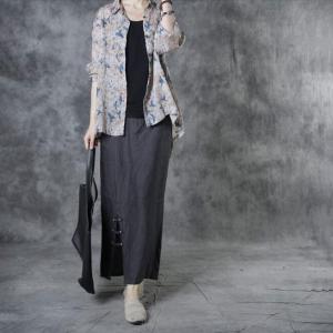 Blue Birds Pattern Oversized Shirt Long Sleeves Flax Clothing