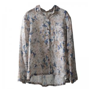 Blue Birds Pattern Oversized Shirt Long Sleeves Flax Clothing