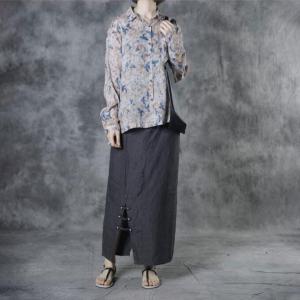 Blue Birds Pattern Oversized Shirt Long Sleeves Flax Clothing