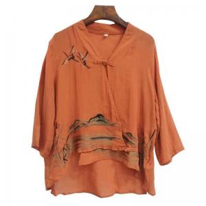 Oriental Style Layered Chinese Blouse Crane and Mountain Linen Clothing