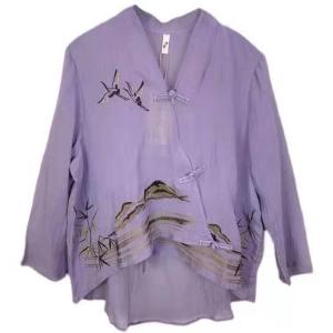 Oriental Style Layered Chinese Blouse Crane and Mountain Linen Clothing