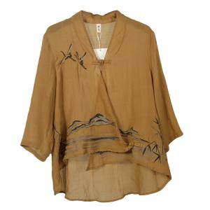 Oriental Style Layered Chinese Blouse Crane and Mountain Linen Clothing