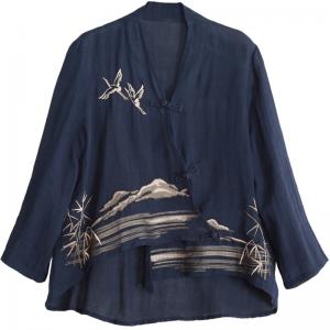 Oriental Style Layered Chinese Blouse Crane and Mountain Linen Clothing