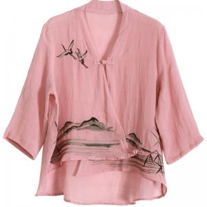 Oriental Style Layered Chinese Blouse Crane and Mountain Linen Clothing