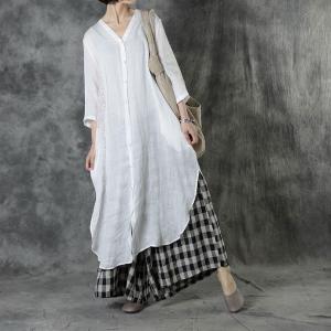 V-Neck Embroidered Long Tunic Belted Ramie Shirt Dress