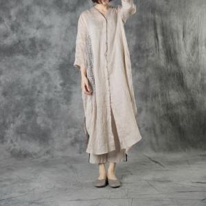 V-Neck Embroidered Long Tunic Belted Ramie Shirt Dress