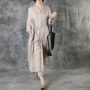 V-Neck Embroidered Long Tunic Belted Ramie Shirt Dress