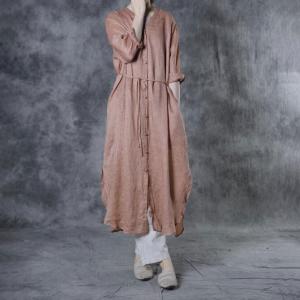 Single-Breasted Embroidered Clothing Ramie Loose Shirt Dress