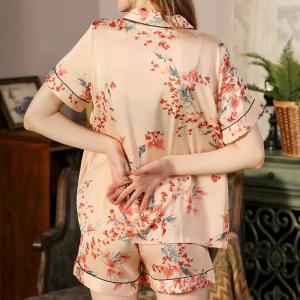 Summer Red Floral Silk Sleepwear Sets Comfy Pajamas Shorts Sets