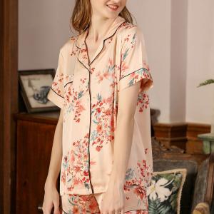 Summer Red Floral Silk Sleepwear Sets Comfy Pajamas Shorts Sets