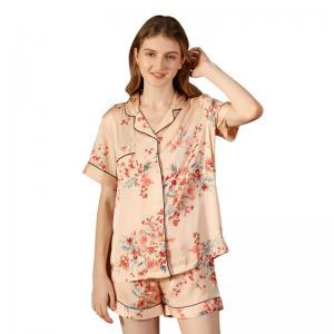 Summer Red Floral Silk Sleepwear Sets Comfy Pajamas Shorts Sets