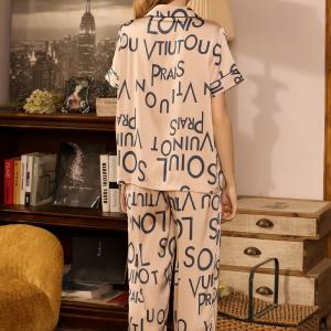 Fashion Letter Satin Sleepwear Top with Silky Wide Leg Ankle Pants