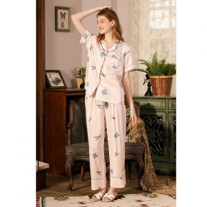 Cartoon Rabbit Light Pink Homewear Top with Long Silk Pants