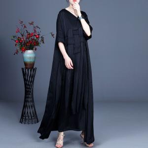 Half Sleeve Pin-Striped Maxi Dress V-Neck Weave Modest Black Dress