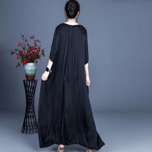 Half Sleeve Pin-Striped Maxi Dress V-Neck Weave Modest Black Dress