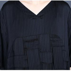 Half Sleeve Pin-Striped Maxi Dress V-Neck Weave Modest Black Dress