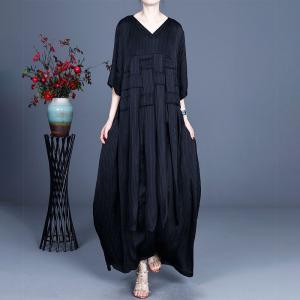 Half Sleeve Pin-Striped Maxi Dress V-Neck Weave Modest Black Dress